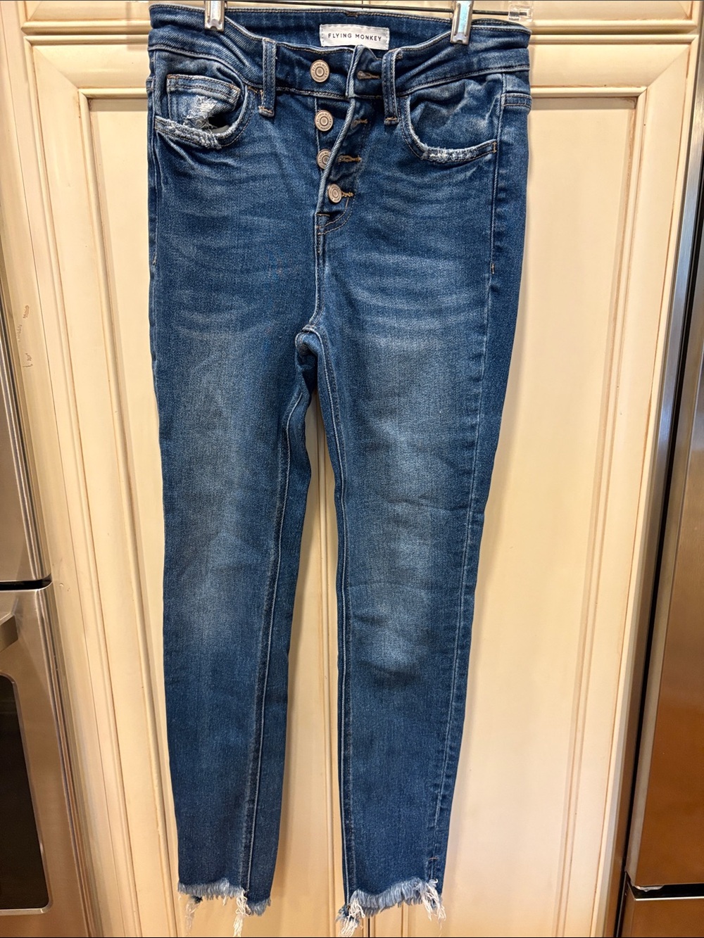 Flying Monkey frayed bottom button fly skinny jeans